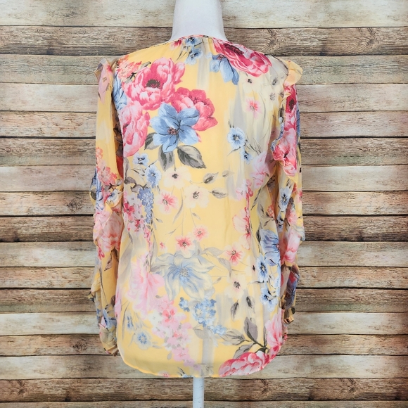 NEW WHBM Canary Yellow Floral Print Ruffle Sleeve Blouse - Picture 4 of 4